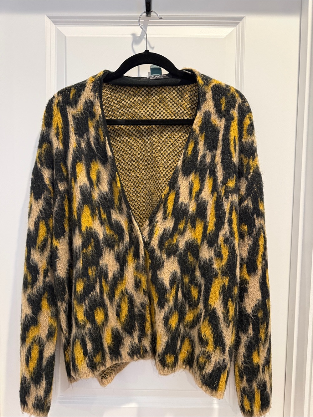 Scotch & Soda Leopard-Print Fuzzy Cardigan in Mustard, Black & Cream